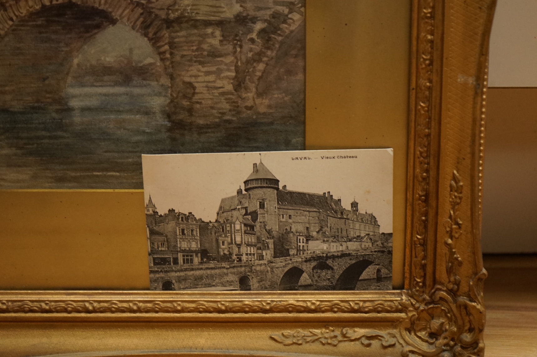 Paul Marny (1829-1914), watercolour, ‘Pont Vieux, Laval’, signed, ornate gilt framed, 38 x 51cm